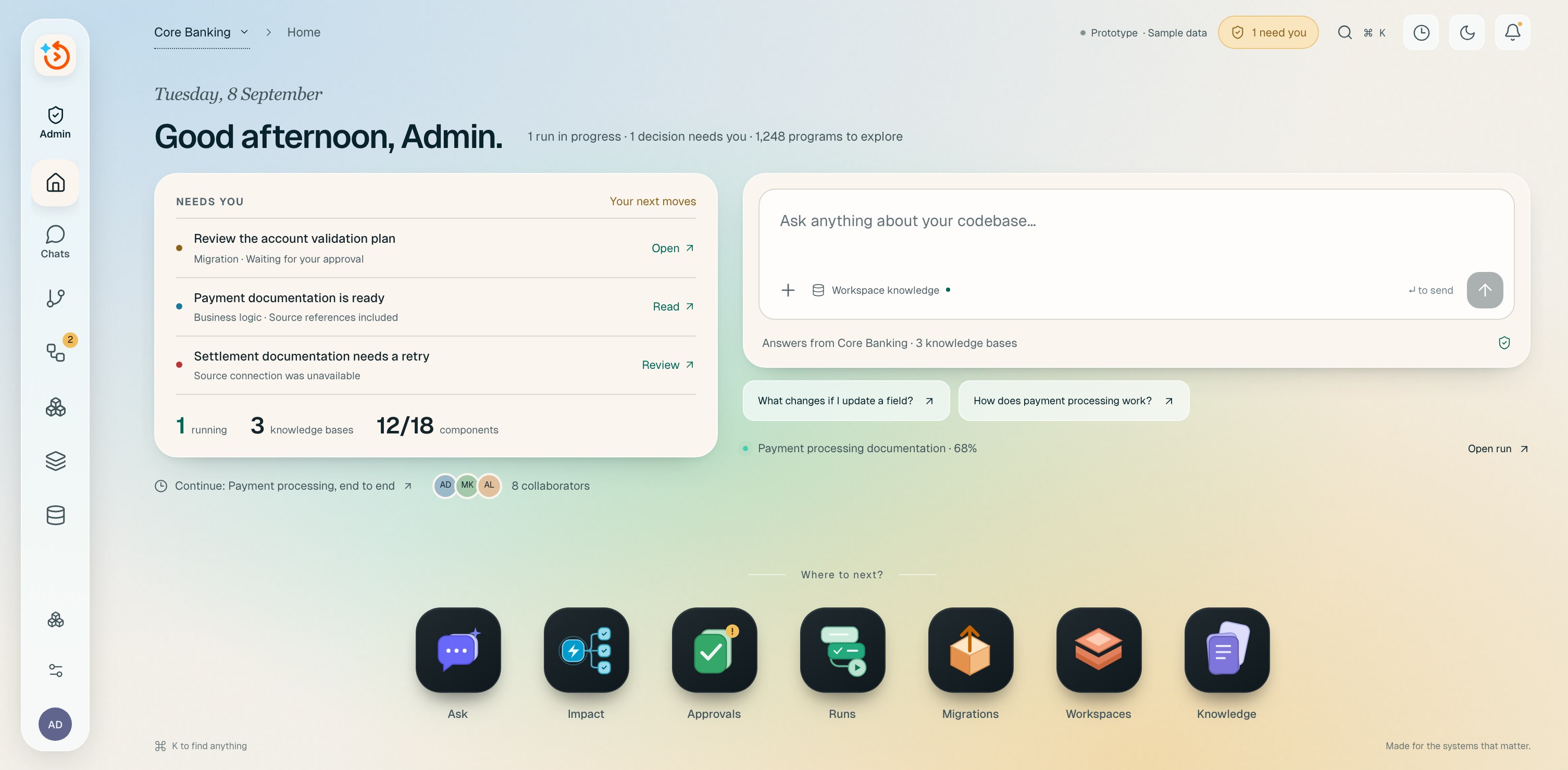Replai prototype workspace home greeting Admin, with a review queue, codebase chat, workflow progress, and shortcuts to impact analysis and migrations