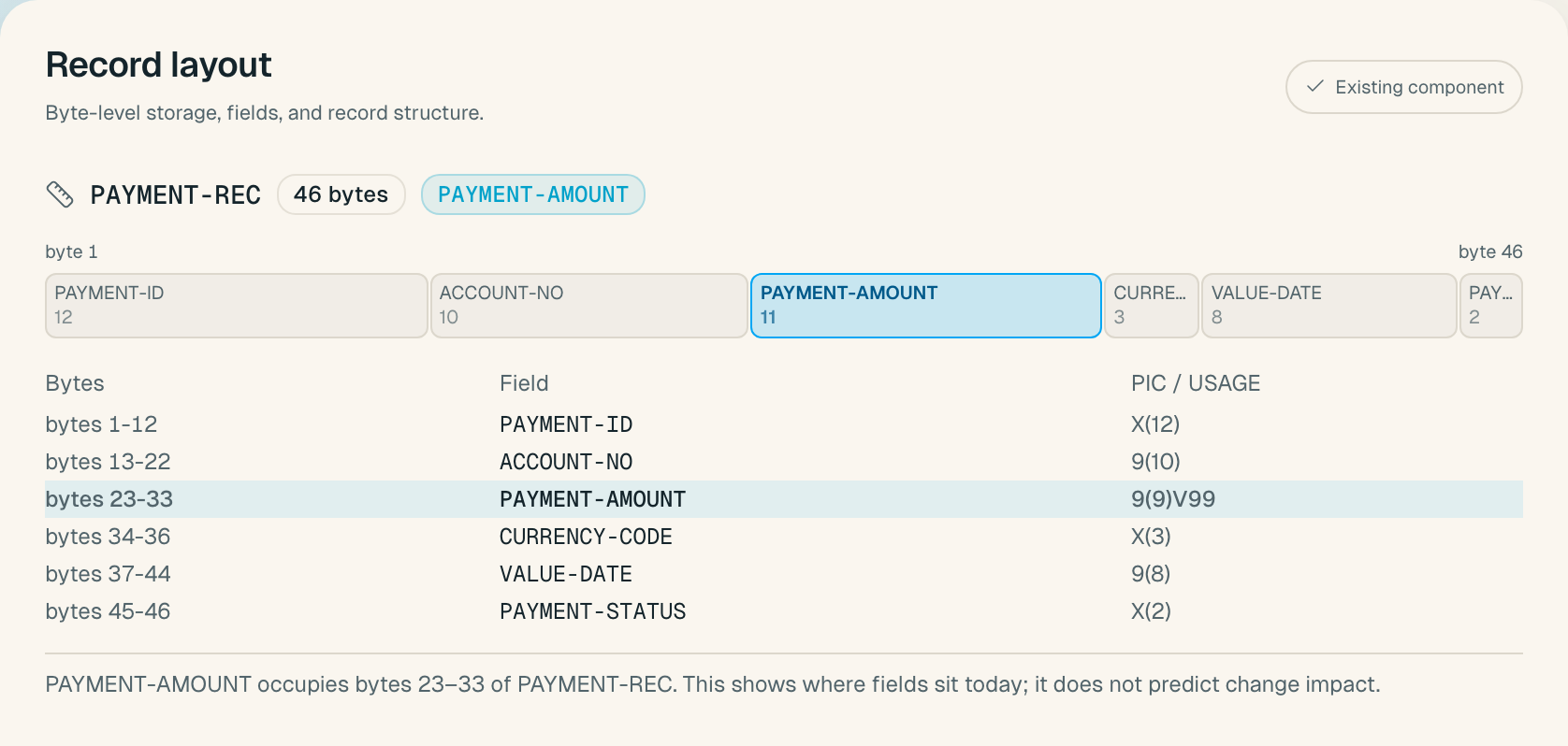 Replai record layout showing PAYMENT-REC fields, byte ranges, and data types, with PAYMENT-AMOUNT highlighted in the storage map and field table